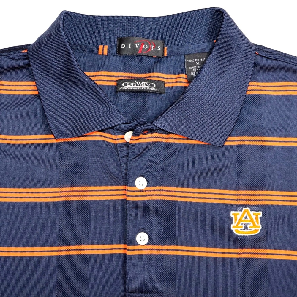 Divots Auburn University Tigers  Mens Polo Shirt XL Navy Blue Orange Striped
